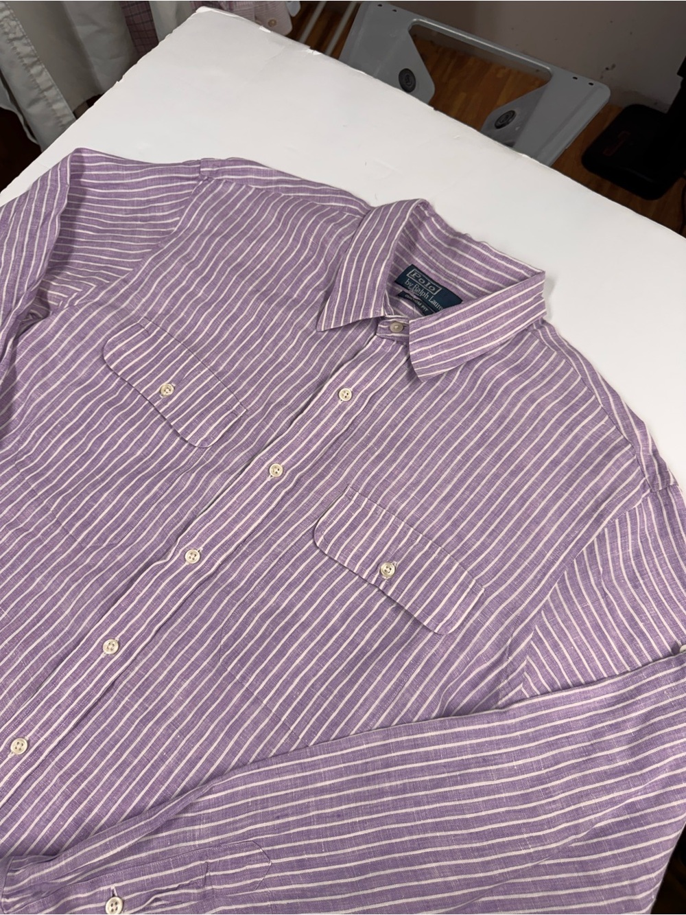 Polo Ralph Lauren Button Shirt Mens XL Double Pocket Striped 100% Linen Purple